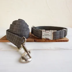 Personalized Dog Collar with Free Engraving, Matching Pet Leash,Customzied Contacts Metal Buckle,Grey Grid Pet Collar