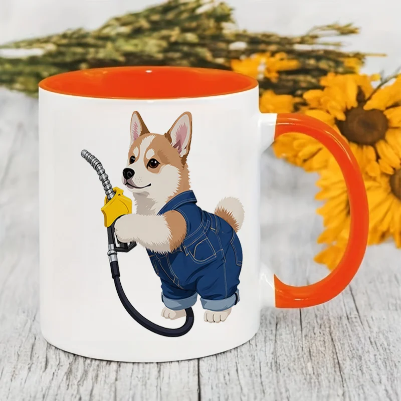 Cute Corgi Puppy Fuel Nozzle Colorful Print Ceramic Coffee Mug 11oz 350ml Personalized Custom Microwave Safe Birthday Gift Offic