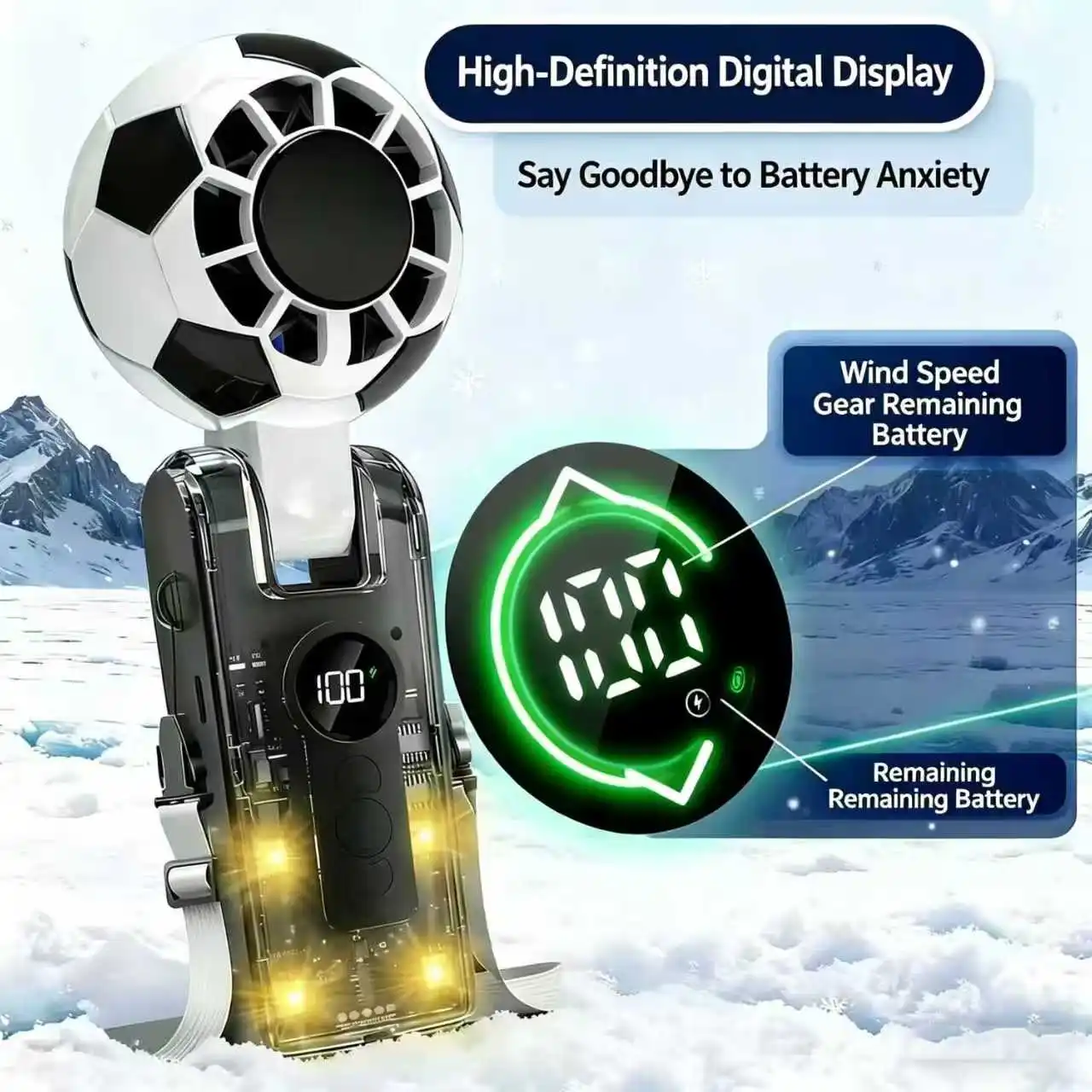 Cold fan, compact and portable with strong wind force, 100-speed wind adjustment, and personalized football appearance