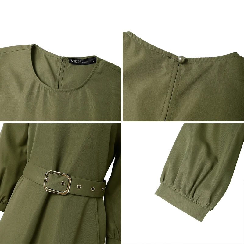 ZANZEA 여성 드레스 우아한 스트리트웨어 파티 드레스 3/4 소매 벨트 캐주얼 롱 셔츠 로브 2026 봄 솔리드 O넥 선드레스