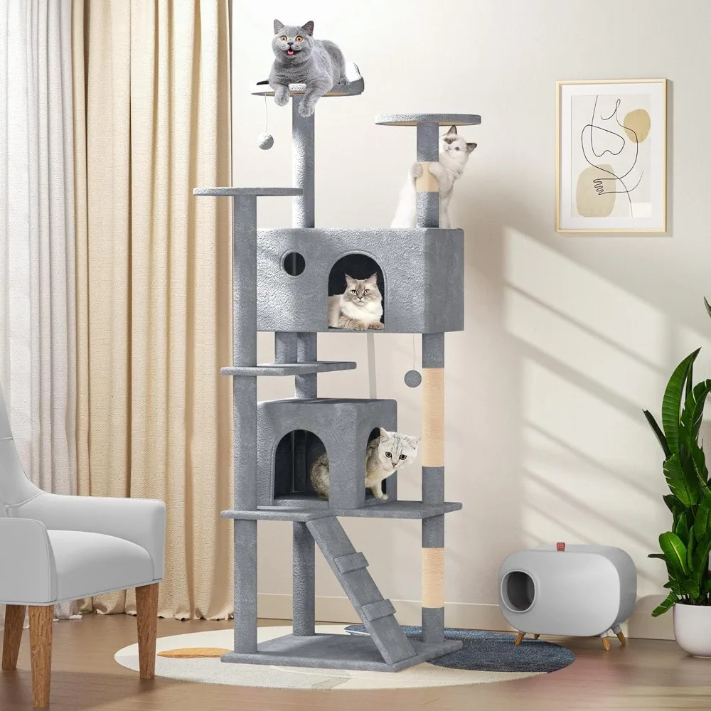 

Tall Cat Tree with Scratching Post, 2 Cat Condos and Ladder, Cat Tower for Indoor Cats Kittens Climbing Tower with Anti-Tipping