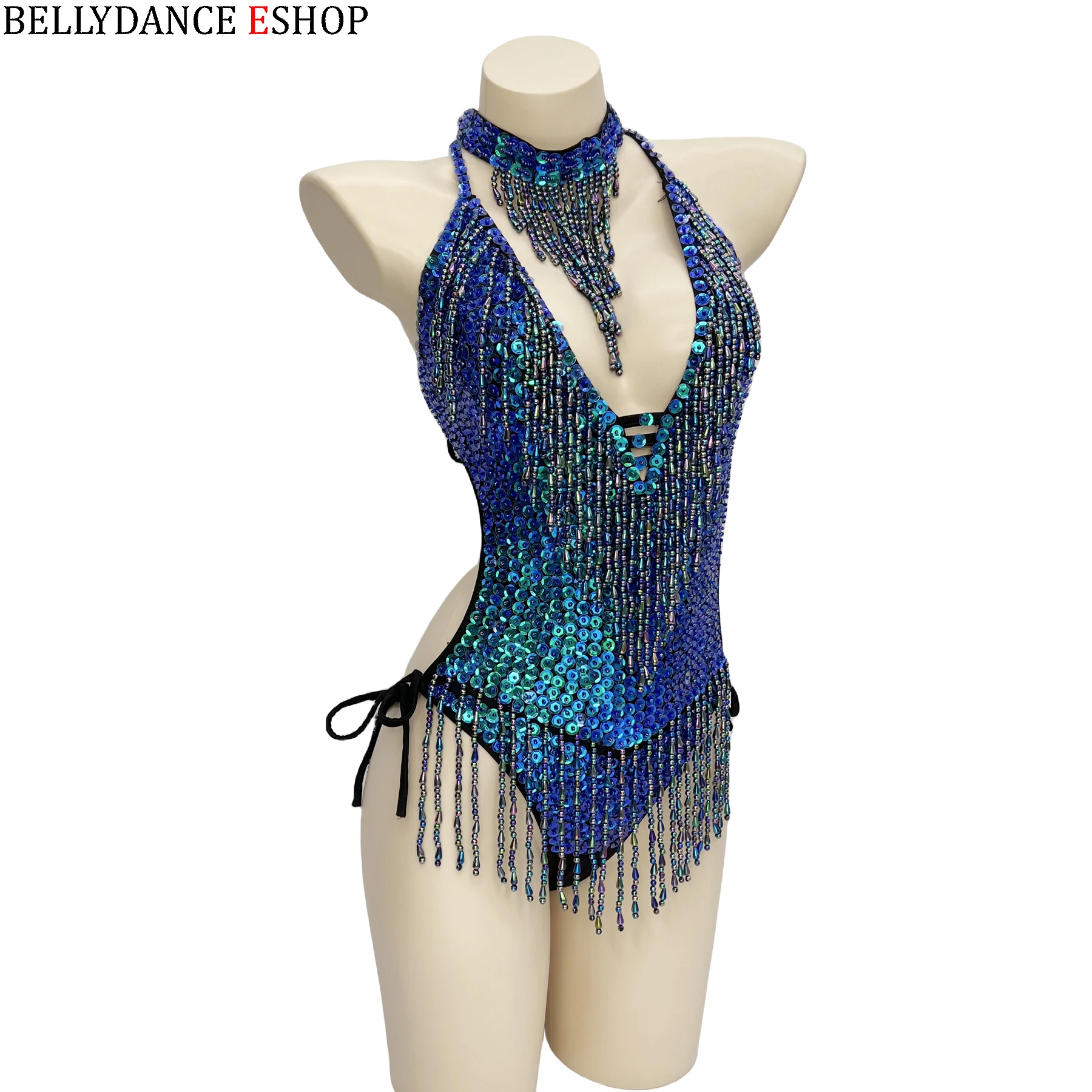 Sexy Women beading Bodysuit Sequin Swimsuit latin Belly Dance Costume Dancer One-Piece Outfit Costume Stage Performance Blue