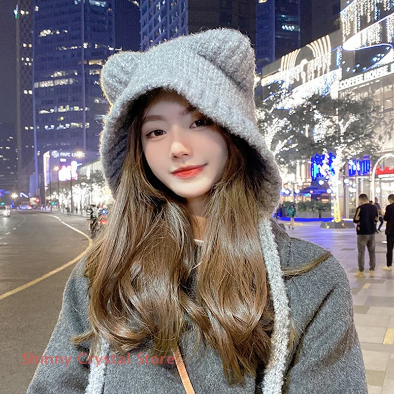 Winter Women's Fashion Hat Cute Bear Earmuff Hat Plush Warm Solid Color Hat