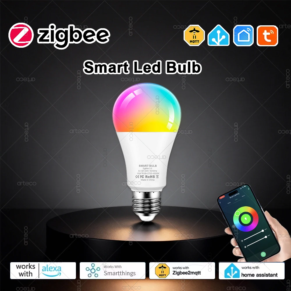 

Zigbee 3.0 Умная светодиодная лампа E27 Лампы переменного тока 85-265 В RGBCW Светодиодная лампа работает с Alexa Echo Plus Google Home Assistant Zigbee2MQTT