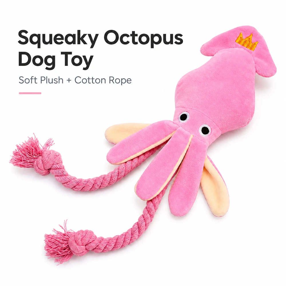 Plush Octopus Dog Toy with Squeaker Cotton Rope Puppy Chew Tug Toy for Dogs and Cats Soft Interactive Pet Bite Play Toys