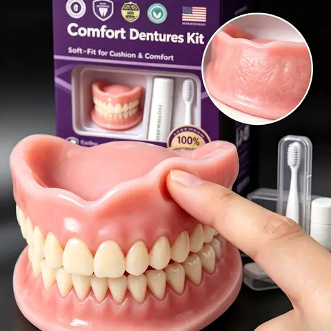 Custom Silicone Dentures for Seniors, Moldable Upper Lower False Teeth, Comfort Fit, Included Special Denture Care Kit