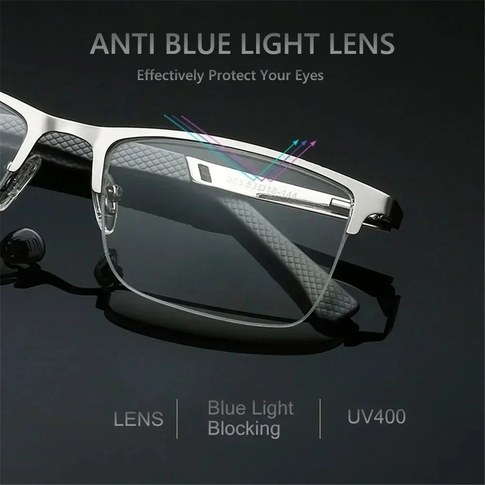 Business Men's Square Metal Reading Glasses Cut Edges Half Frame Presbyopia Glasses Anti Blue Light Far Sight Eyeglasses