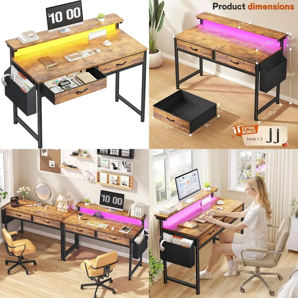 

Компьютерный стол с LED-подсветкой (39,4 дюйма), тканевыми ящиками, боковой полкой и эргономичной подставкой для монитора для домашнего офиса, учебы и работы