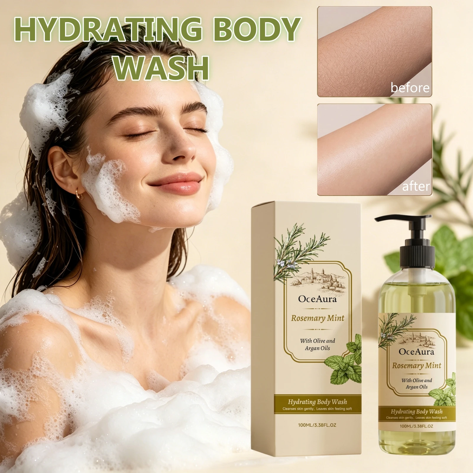 Natural Hydrating Body Wash Rosemary Mint Deep Clean Pores Lock Skin Moisture Relieve Dry Flaky Refreshing Nourishing Shower Gel