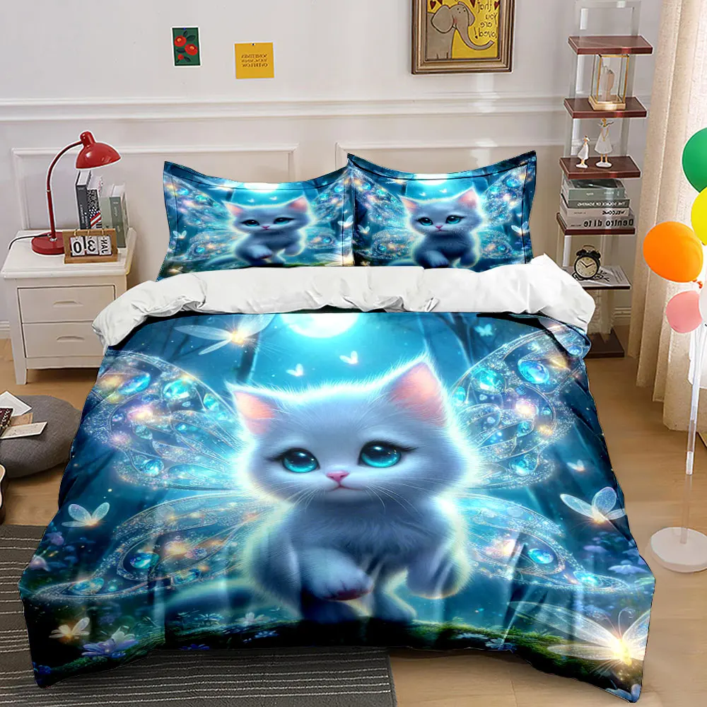 Enchanted fairy cat at night Printed Duvet Cover Set1 Duvet Cover+2 PillowcaseMulti Size Bedroom Bedding Decor Luxury gifts