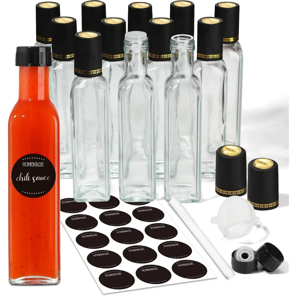 Mini Hot Sauce Bottles 5 oz, 24 Pack Glass Woozy with Shrink Capsules, Vanilla Extract Labels, Funnel, Dripper Inserts,Pepper