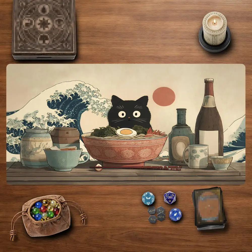 Ukiyo-e Japanese Cat&Ramen Magic Party Game Mat 35X60cm Durable Rubber for TCG Games Mouse Pad Offices Desk Mats Friendly Design
