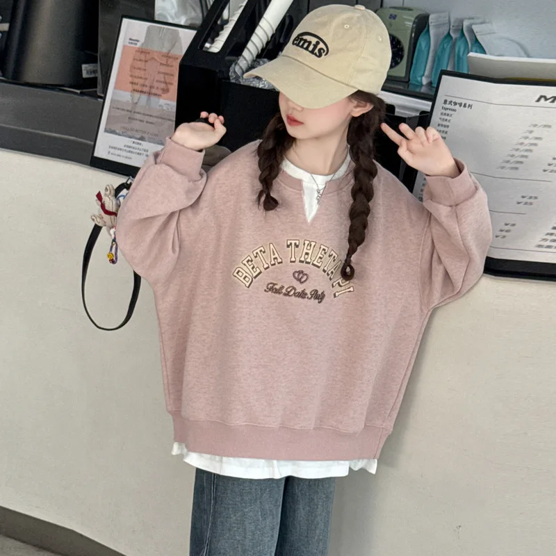 

Autumn Children Girls Sweatshirt Junior Girls Letter Printed Patchwork Fake Two-piece Top School Girls Round Neck Pullover