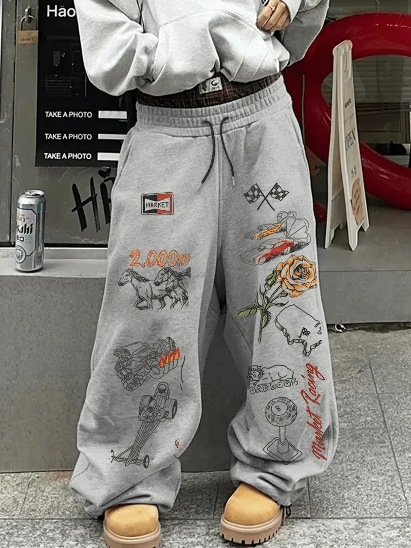 

Flame Print Gothic Street Style Straight Leg Sweatpants, Loose Fit, Unisex, Casual Street Wear, Comfortable, Suitable