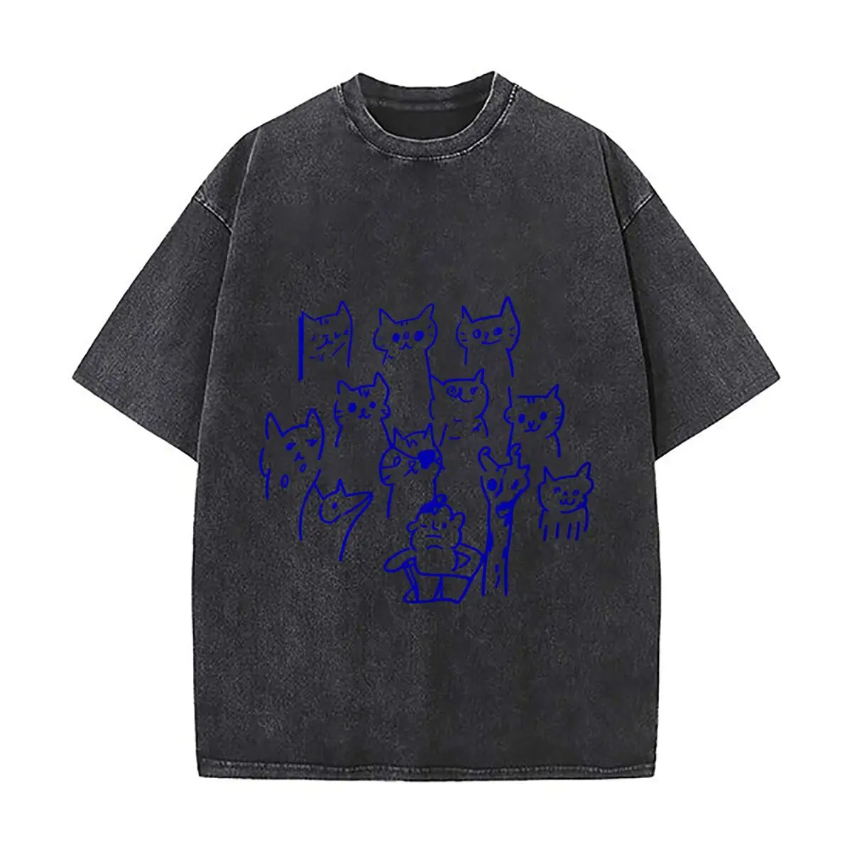 Cute Hand Drawn Cat Doodle Collage Washed Vintage Short Sleeve Loose Streetwear Tee