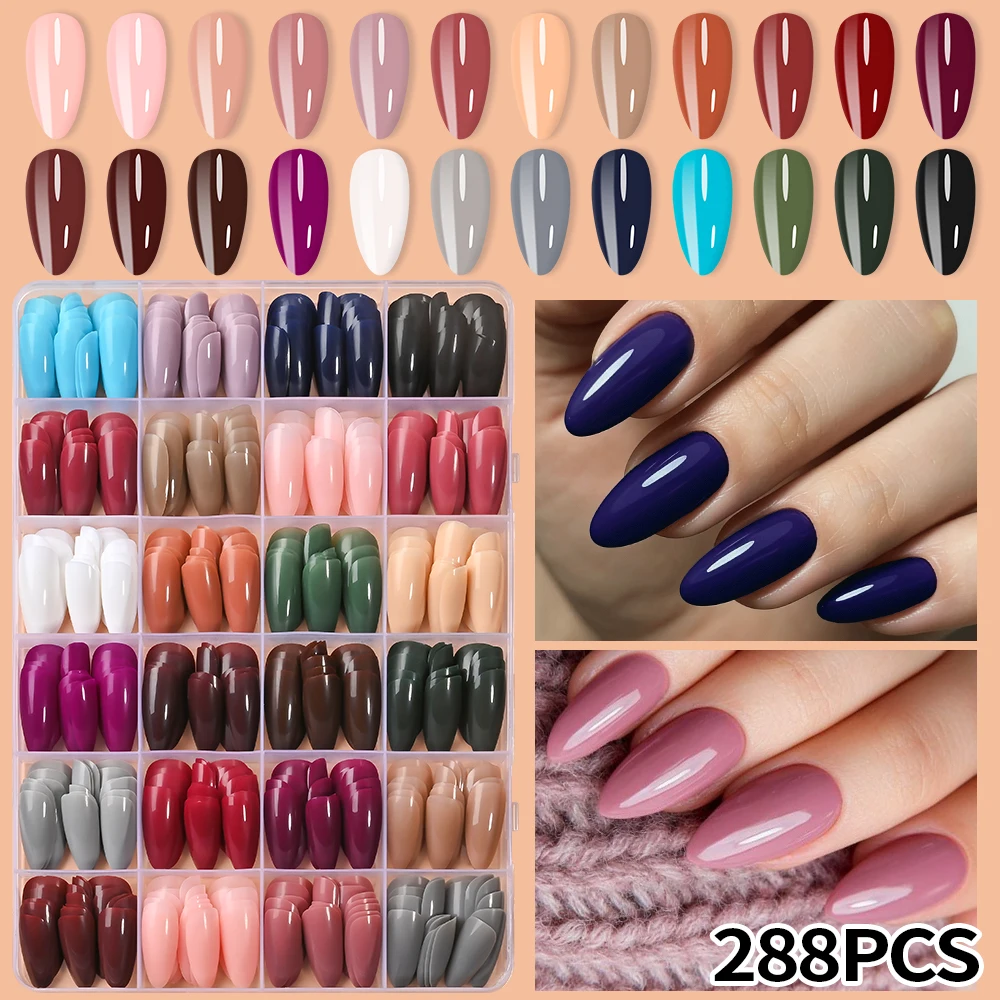 

288Pcs/Box Solid Color Short Almond Fake Nails 24 Colors Acrylic French Full Cover Wearable False Nail Oval Press On Nails Tips