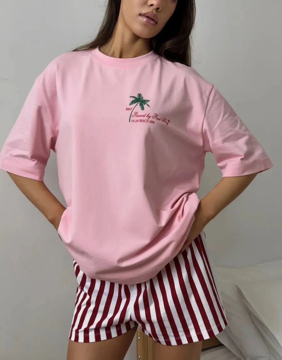 Fashionable Casual Loose round Neck Short Sleeve T-shirt Women's Cotton Sweat Absorbent Printed Top Commute Style Summer Wear
