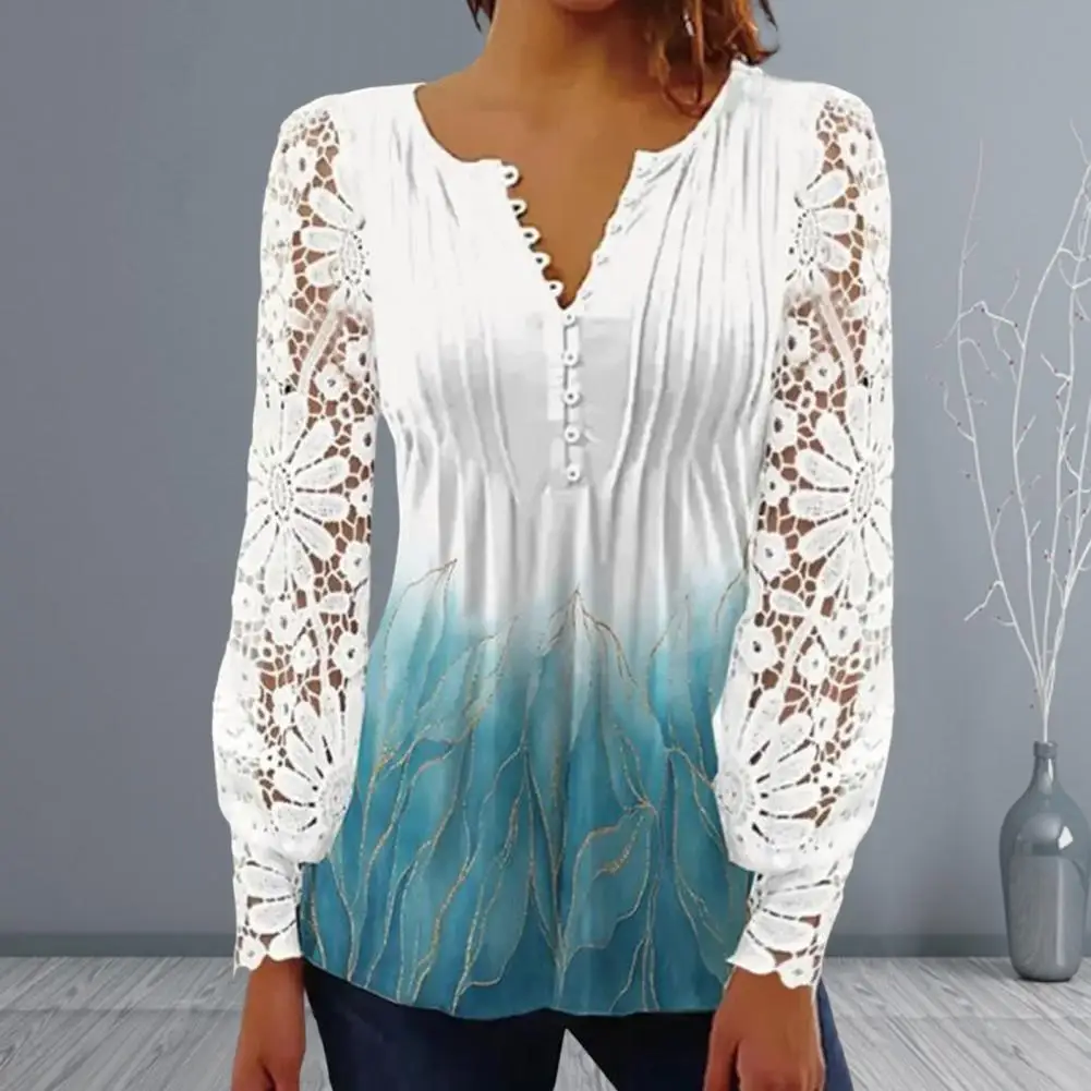 

Ladies Summer Shirt V-neck Floral Print Button Blouse Lace Stitching Long Sleeve Lady Top Pullover Women Clothing Daily Wear