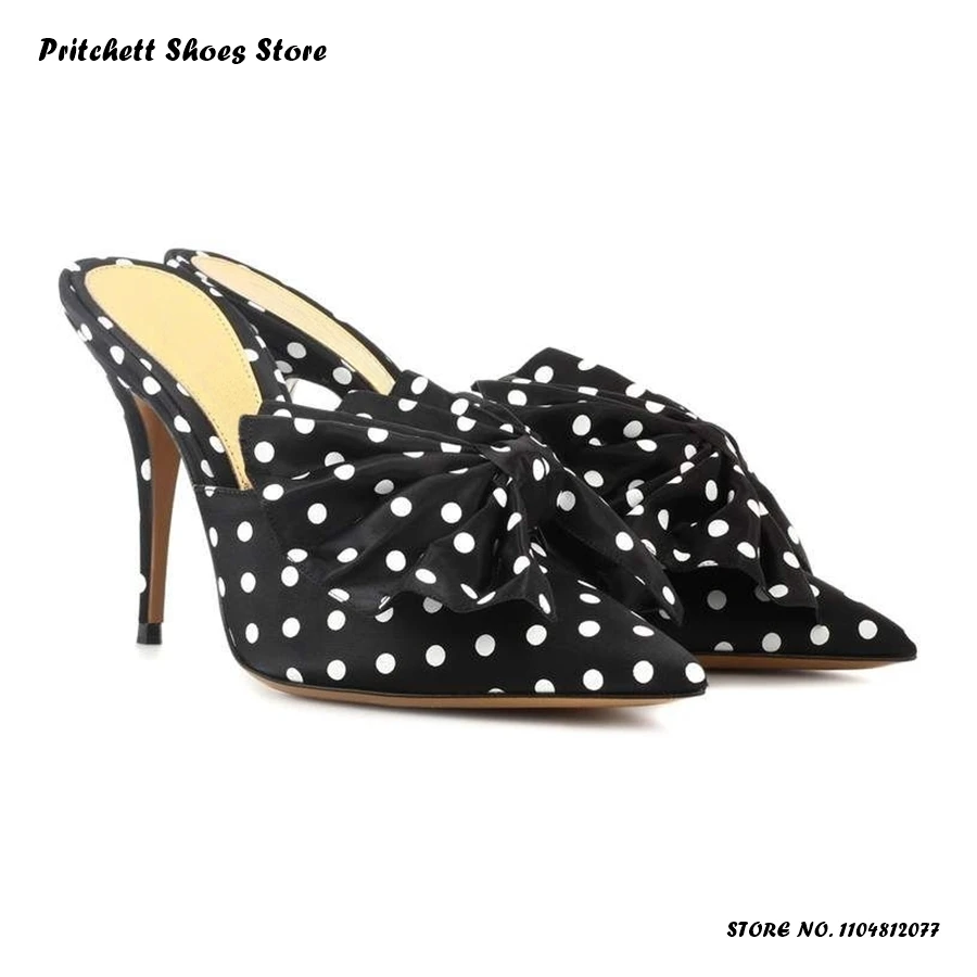 

Женские атласные мюли в горошек на шпильке с бантом-бабочкой, вечерние туфли-тапочки, весенне-летняя обувь с острым носком на тонком каблуке