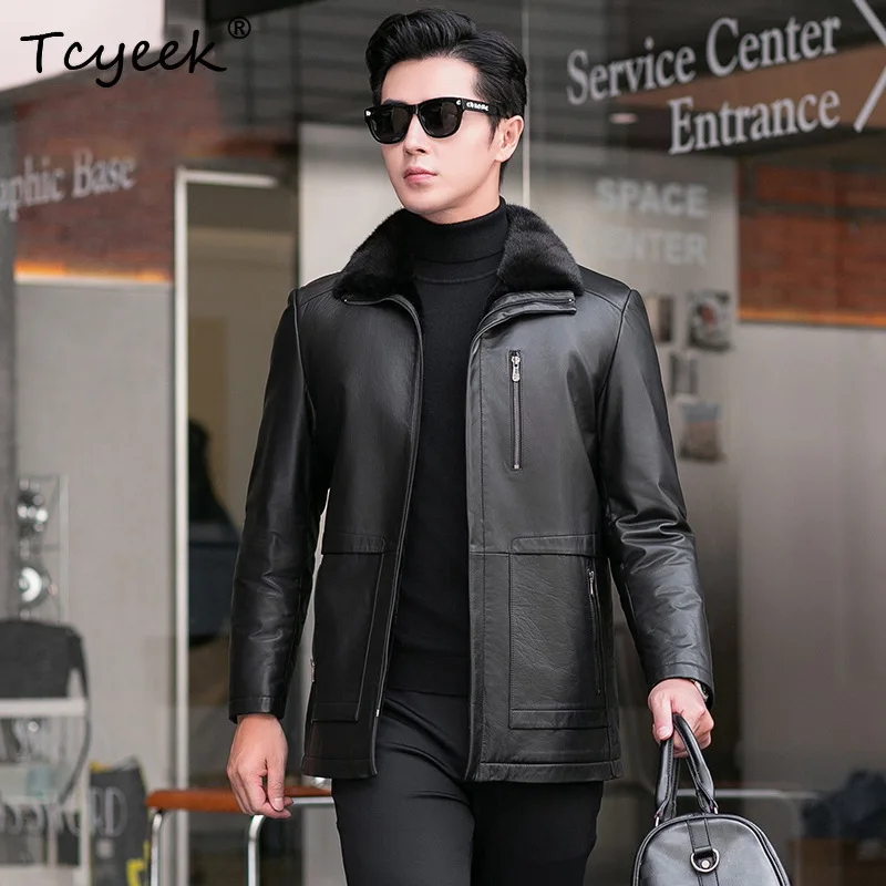 Tcyeek Real Fur Coat Men Top Layer Cowhide Genuine Leather Man Jackets Winter Jacket Mid-length Wool Liner Warm Coats Куртка
