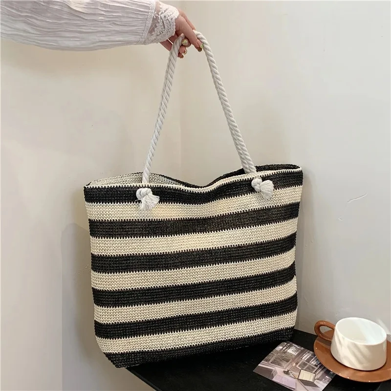 Ladies Summer Daily Bag Straw Shoulder Bag Trendy Color Contrast Beach Handbag Women Large Capacity Simple Shoulder Bag