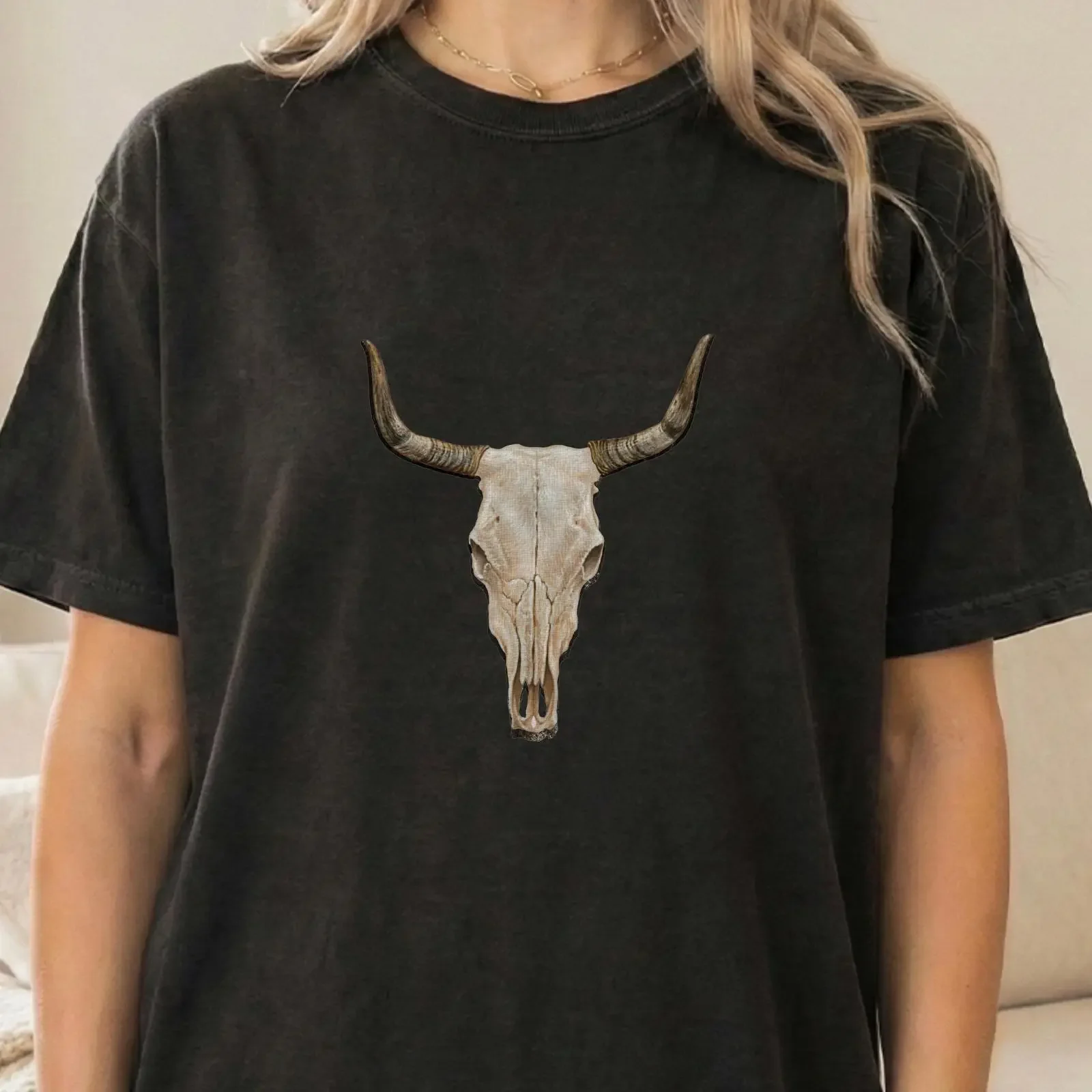 Cow Skull T Shirt Western Gothic Longhorn Ranch Life  vintage Washed Casual Comfortable designer clothes Breathable streetwear
