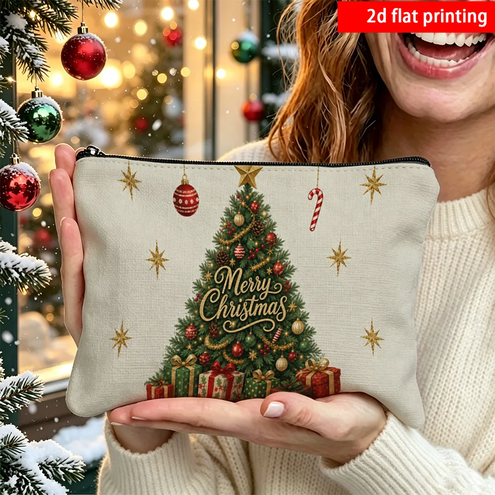 Xmas Merry Christmas Xmas Tree Candy Cane Gifts Golden Star Corduroy Makeup Pouch Portable Travel Cosmetic Zipper Storage Bag