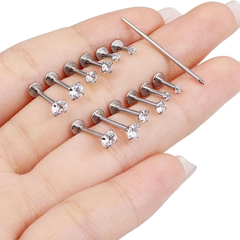 13 PCS Labret Piercing Set Surgical Steel CZ Zirconia Lip Stud Bar Earring Helix Cartilage Tragus Flat Back Body Jewelry 16G