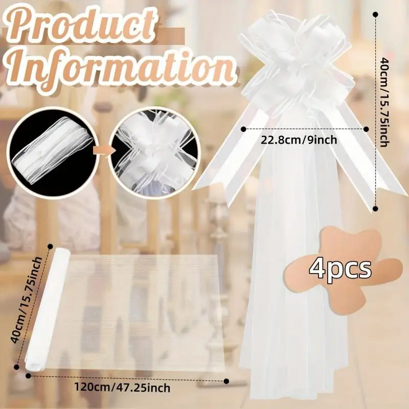 100pcs Church Wedding Pew Bows With Long Tulle Tails Chair Aisle Decor Wedding Car Decoration For Church Aisle Decor Ceremony view 5
