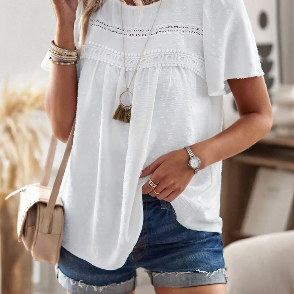 2026 Summer Womens Blouse Loose Fit Crew Neck Shirt Elegant Patchwork Pullover Tops Casual Comfortable Solid Color Office Wear