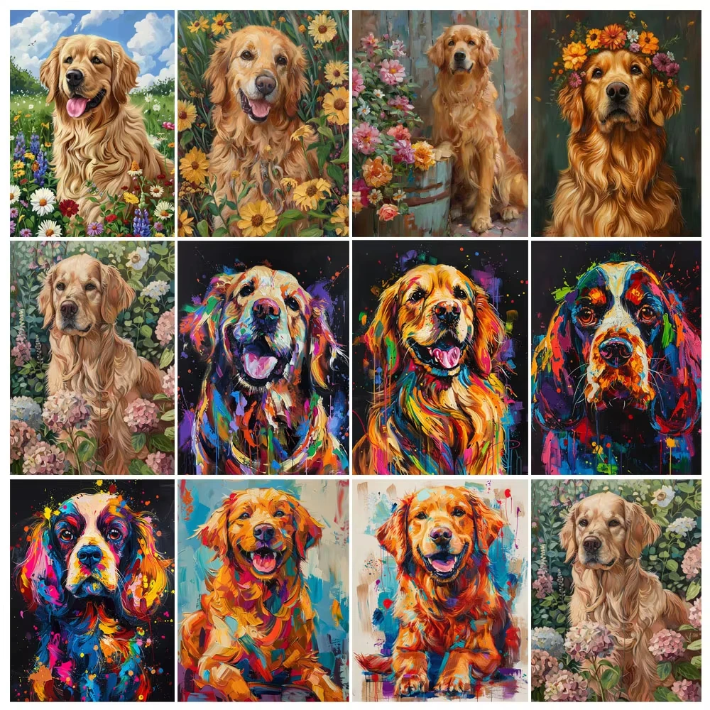 Malen nach Zahlen Kit Handbemalt Golden Retriever Hund mit Blumen Landschaft DIY Acryl Kunstwerk Kunst Geschenk Heimdekoration
