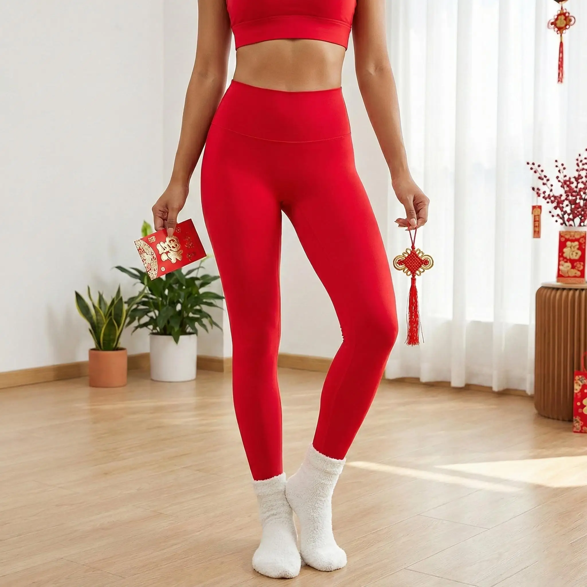 

Новогодние красные облегающие брюки для тренировок, с высокой талией, для похудения, высокоэластичные, неограниченные женские брюки для йоги