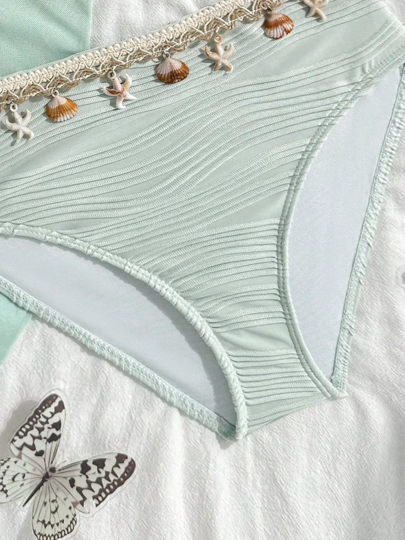 

Mint Ribbed Two Piece Swimsuit For Girls Featuring Seashell And Starfish Charms On Woven Waistband