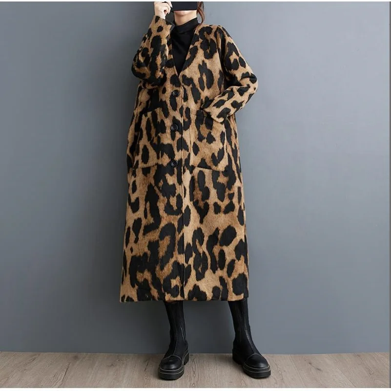 الرجعية موضة ليوبارد طباعة الصوف خندق معطف الملابس النسائية الخريف الربيع فضفاضة متوسطة طويلة طبقة مزدوجة سترة واقية w1434