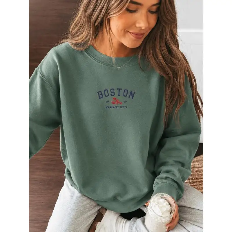 Women's Plus Size Graphic Crew Neck Sweatshirt Boston Letter Print Casual Pullover Retro Prep Streetwear Tops Autumn and Winter