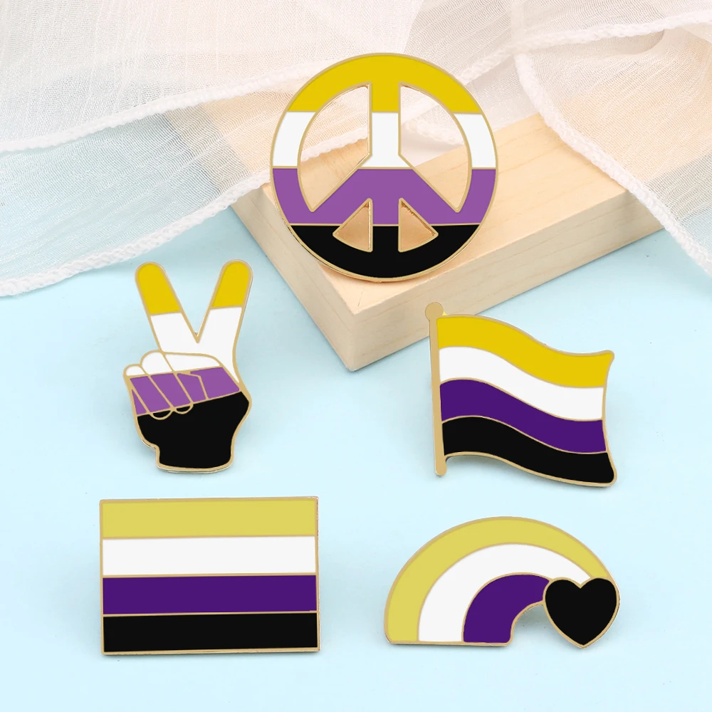 LGBT Pride Nonbinary Brooch Genderidentity Non-binary Gender Unisex Lapel Pins Heart Rainbow Flag Peace Symbol Enamel Badge Gift