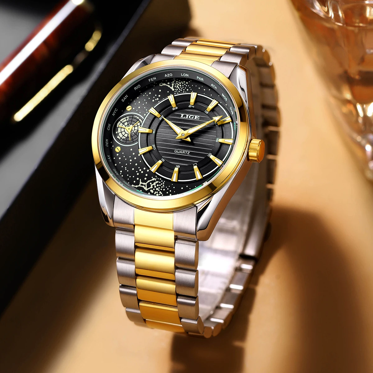 LIGE Men Watches Creative Stainless Steel Golden Quartz Wristwatch for Man Luminous Waterproof Male Clock Relogio Masculino+Box