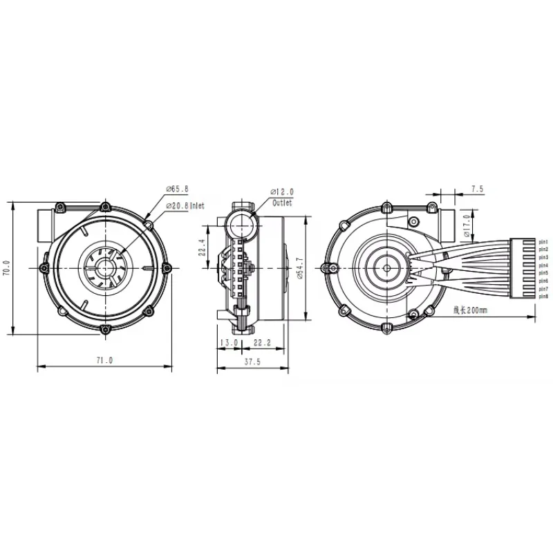 Ventilatore senza spazzole con flusso d'aria CC 24 V, diametro 70 mm, 6,5 kPa, pressione 25,5 m3/h