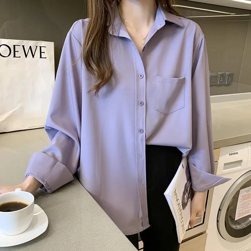Women Spring Autumn Style Blouses Shirts Lady Casual Long Sleeve Turn-down Collar Solid Color Blusas Tops