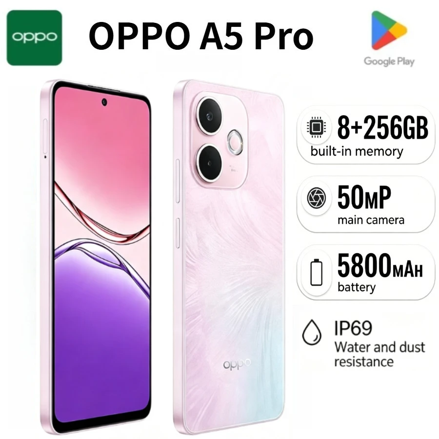 OPPO A5 Pro Cell Phone, 8GB RAM 256GB ROM, 50MP OIS Rear Camera, IP69 Waterproof Screen Fingerprint Unlock 5G Smartphone