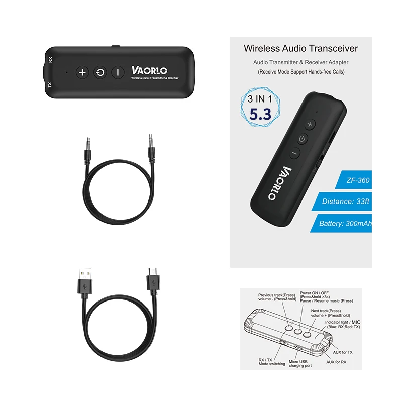 3 IN 1 Bluetooth 5.3 Audio Receiver Transmitter 3.5MM AUX USB Stereo Music Wireless Adapter With Mic For Car Kit TV PC Headphone