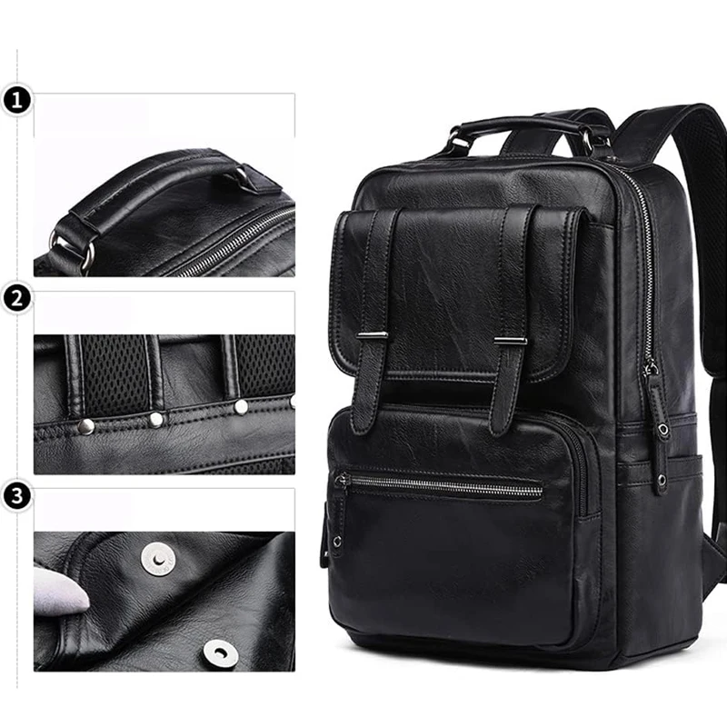 Moyyi Lederen Laptop Rugzak Voor Mannen Waterdichte Reizen Rugzak Vintage Business Tas Voor Forens Casual Lederen Daypack