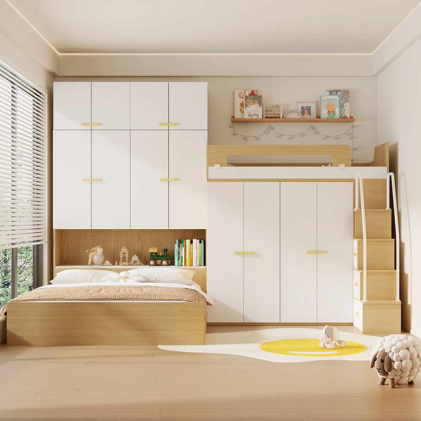 Small apartment children's bunk bed, upper and lower child and mother bed with wardrobe, desk integrated dislocation staggered