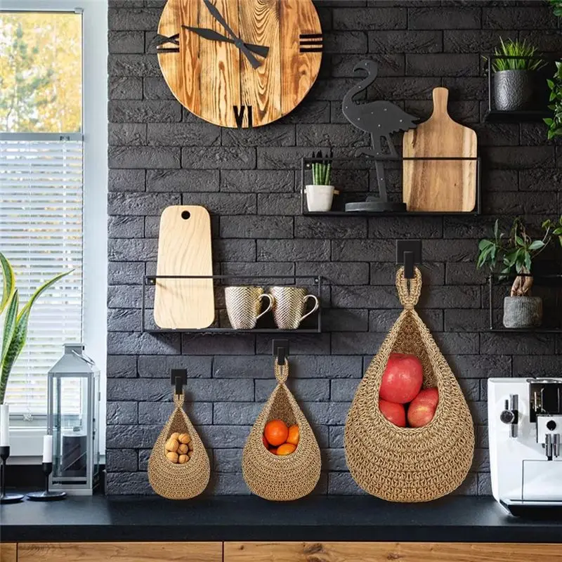 DT39 Hanging Fruit Basket for Kitchen, Boho Wall Hanging Vegetable Basket, Handwoven Jute Rope Fruit Organizer, 3 Pack with