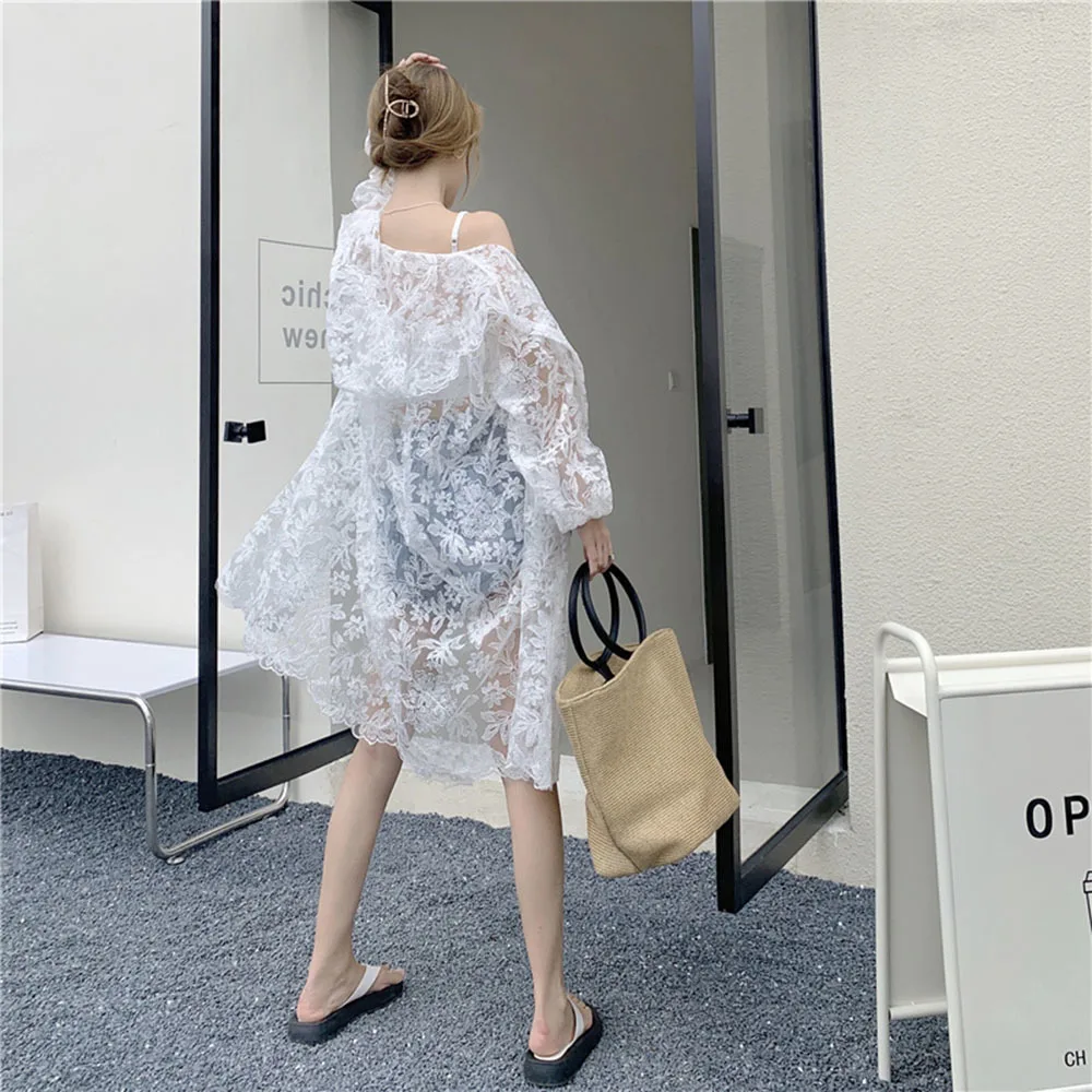 Summer Boho Sexy See Through Long Sleeve Hooded Cardigan Korean Lace Cover Up Women White Beach Dress Ladies Bikini Cape Jacket