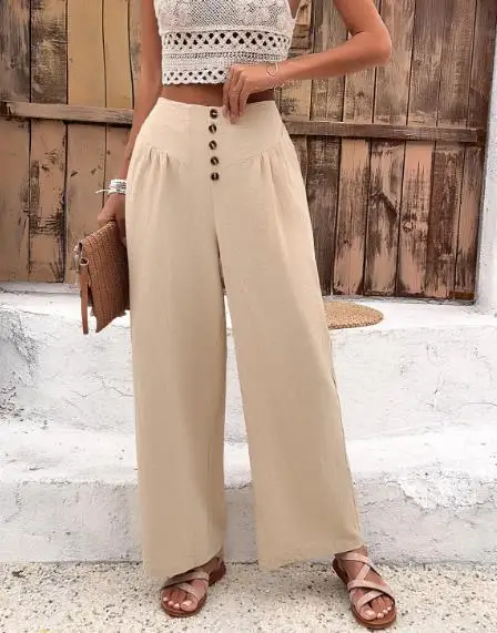 سراويل نسائية فضفاضة، كاجوال صيفي بسيط مزين بأزرار، سراويل واسعة الساق عالية الخصر ومتعددة الاستخدامات مناسبة للارتداء اليومي