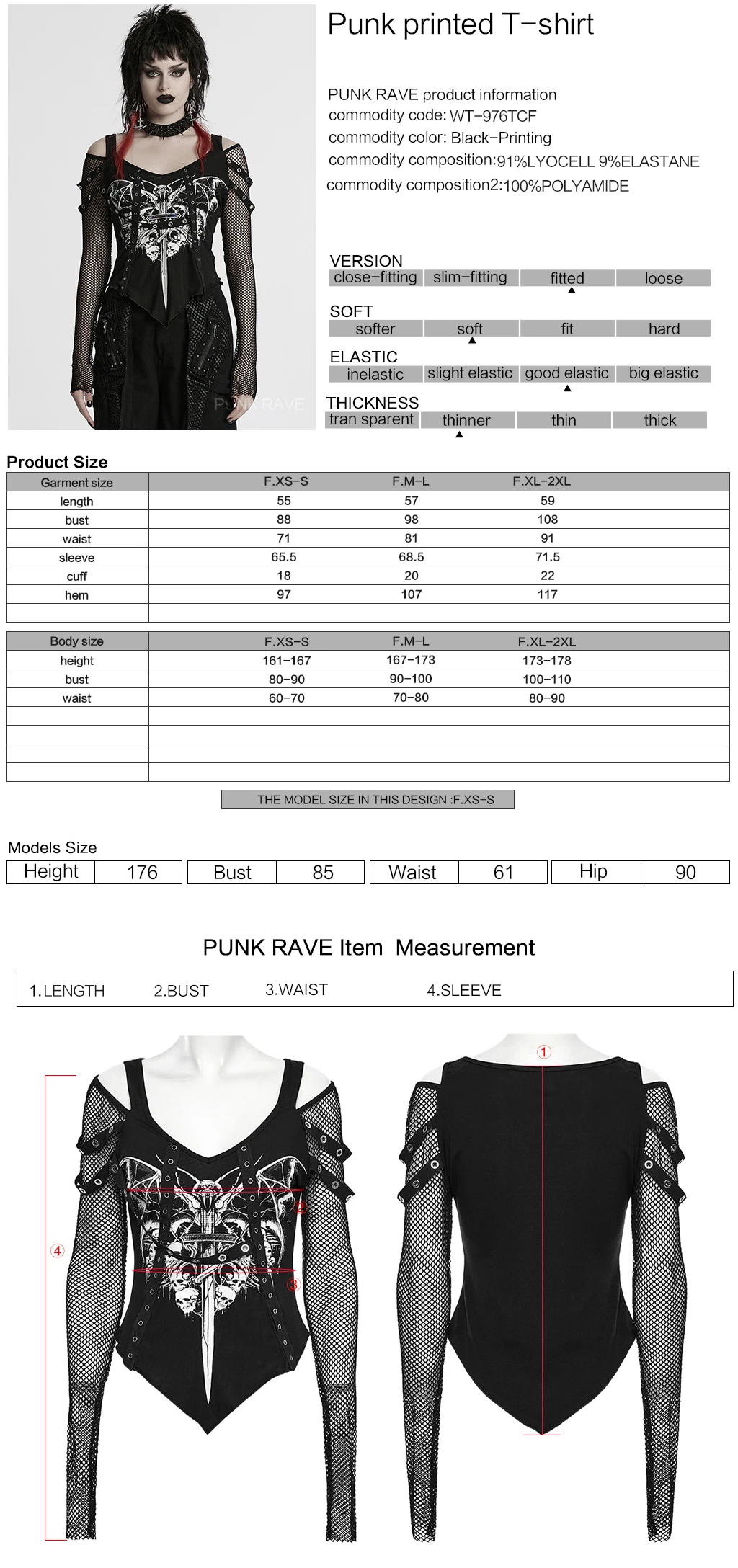 PUNK RAVE Women's Punk T-shirt, Black Lyocell Elastane Polyamide Mesh Cold Shoulder Printed Top WT976