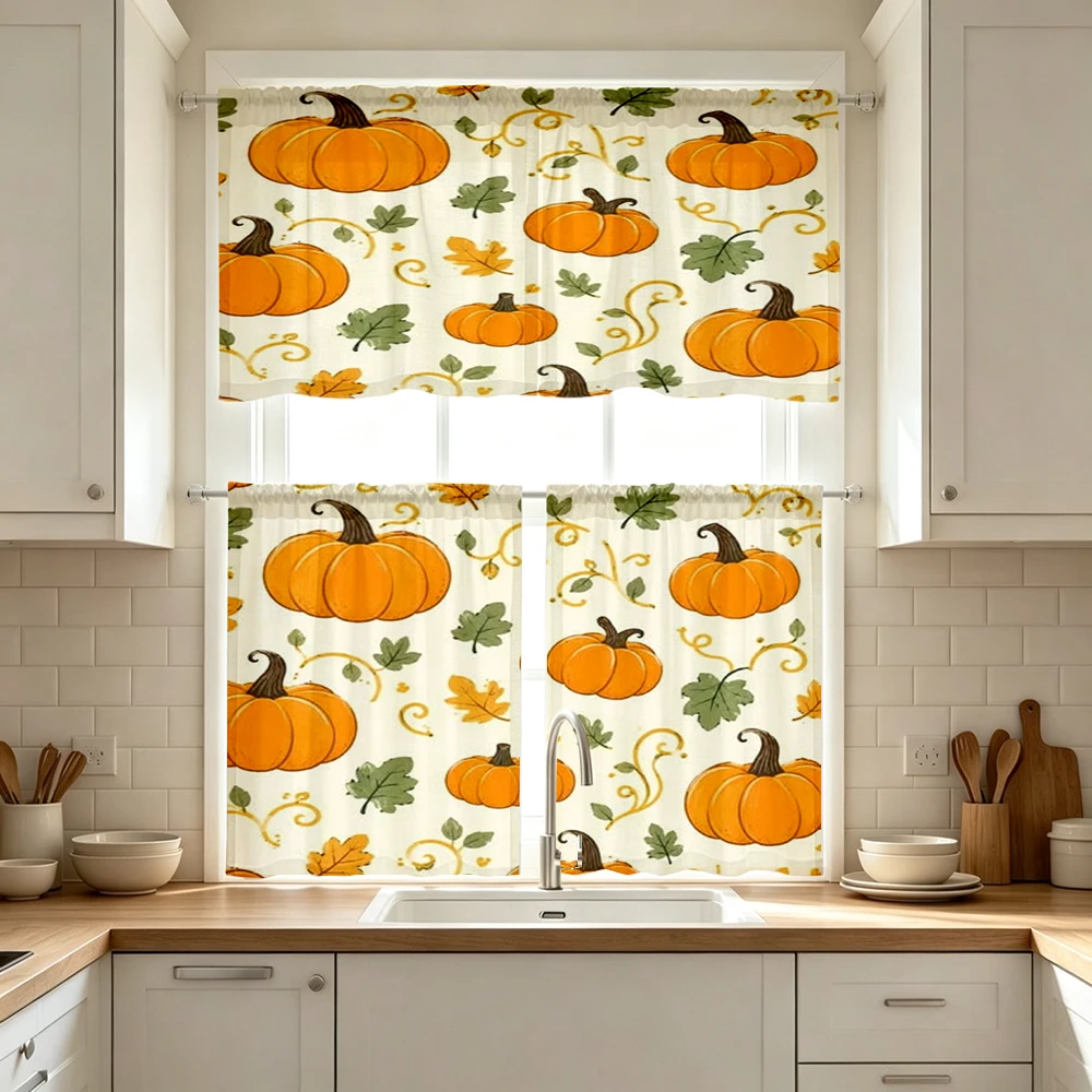 Thanksgiving Fall Kitchen Curtains, Pumpkin Vine Pattern, Digital Print, Kitchen Dining Room, Rod Pocket Polyester, Home Decor