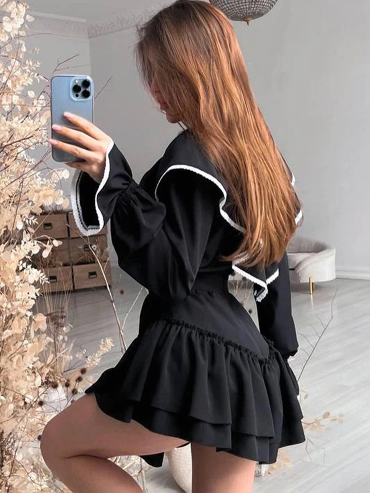 Mueyaruho 2023 Autumn Winter Women Elegant Sweet Mini Dress Solid Black Long Sleeve Ruffle Flare Dress Female