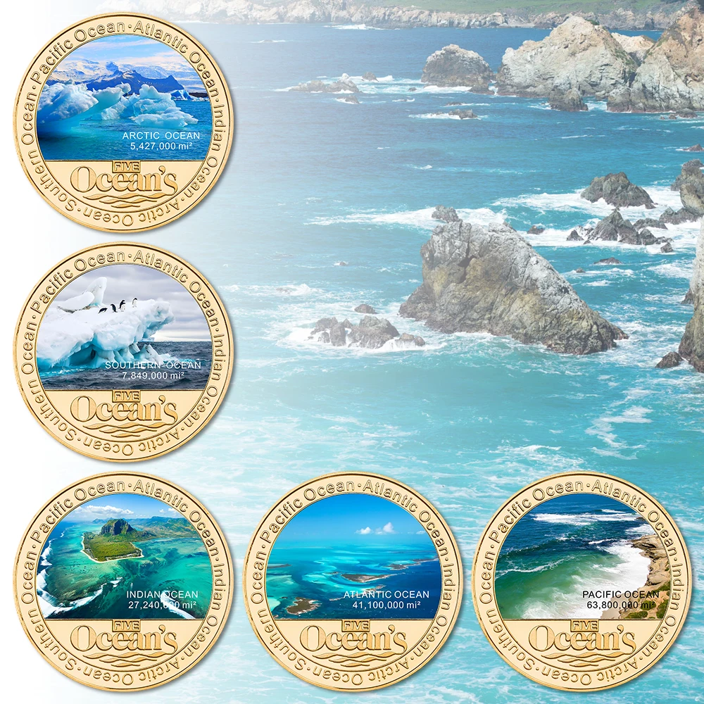 The Five Oceans of The World Commemorative Coins Set Atlantic Ocean, Pacific Ocean Souvenir Coin Christmas Gift for Collection